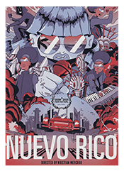 Blue charicature of a singer wearing sunglasses, a red microphone and surrounded by other musician charicatures. White letters at the bottom of poster.