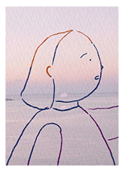 Single line outline of woman atop a sunset (or sunrise) above a body of water.