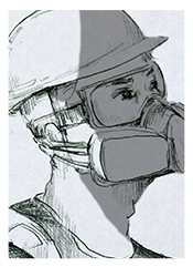 Black and white pencil drawing of a man with a helmet wearing a mask.
