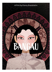 Caricature of an Asian Pacific woman with a dark round sculpture behind her, and white letter spelling Bangau in front of her face.