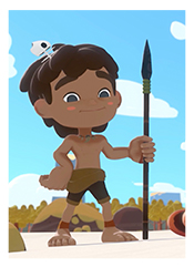 Cartoon character rendering of a dark-skinned young boy with dark brown hair and eyes, holding a spear. Blue skies and white clouds behind him.