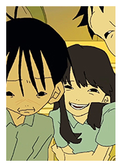Caricature of three children's faces, with dark hair and light green shirts.