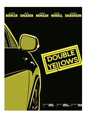 Yellow letters and sketch of a car door over black background.