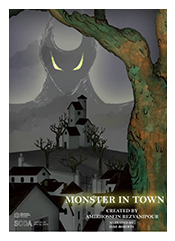 Drawing of a thin house atop a hill, with the large shadow of a monster with yellow eyes overlooking the house. A green tree-trunk in the foreground.