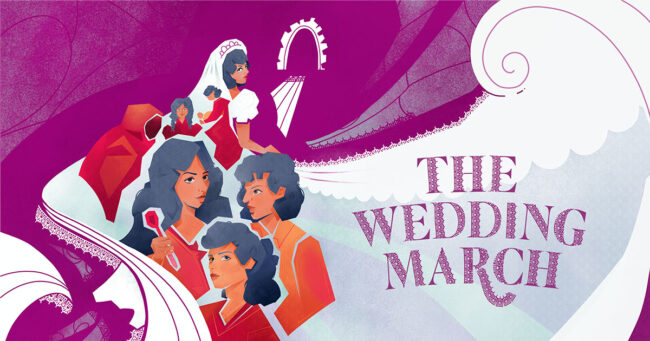 The Wedding March - illustrated figures that are part of a wedding party with the bride's veil long behind her